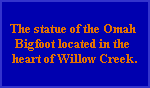The statue of the Omah 
Bigfoot located in the 
heart of Willow Creek.