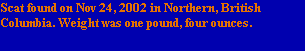 Scat found on Nov 24, 2002 in Northern, British 
Columbia. Weight was one pound, four ounces.